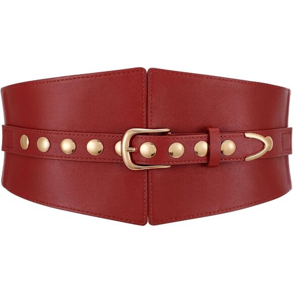 Women Elastic Chunky Stretchy Elegance Belt with Gold Rivets Buckle Daily Red main image 2